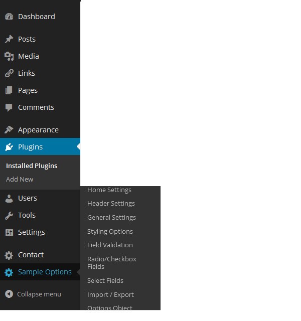 WordPress Dashboard menu showing Sample Options and its submenus