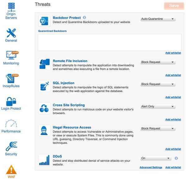 Incapsula Dashboard Settings