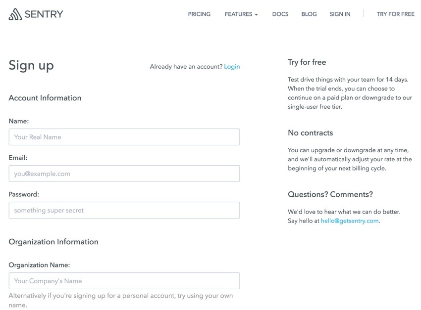 Building Startups Logging - Sentry Sign Up Form