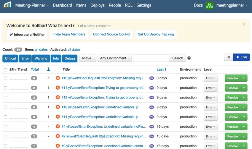 Building Startups Logging - Rollbar List of Errors