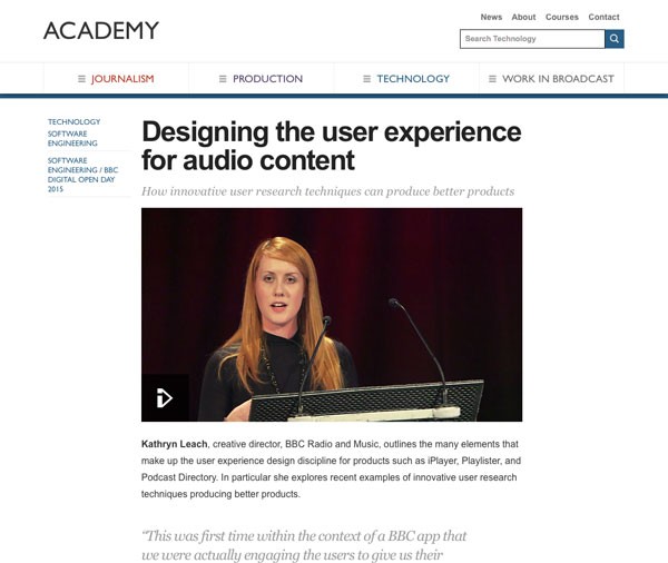 BBC Academy website - article Kathryn Leach creative director of BBC Radio and Music on UXby