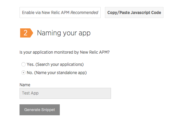 Name your application and generate JavaScript snippet