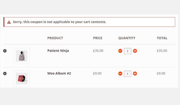 cart showing error message about coupon not applicable