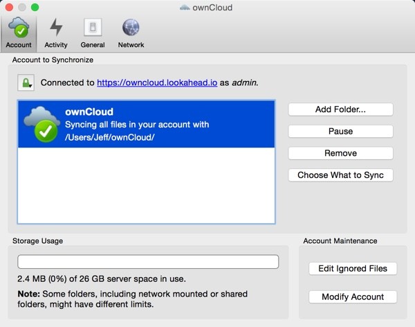 OwnCloud App Settings Account