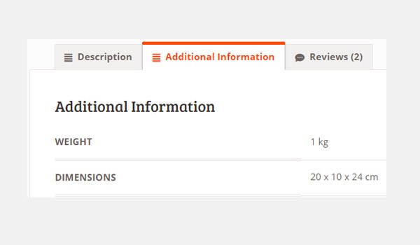 parameters for weight and dimensions being displayed in the Additional Information of the product