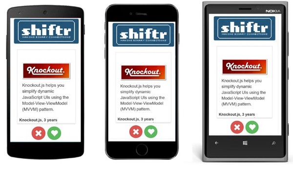 Three different phones showing Shiftr and Knockout