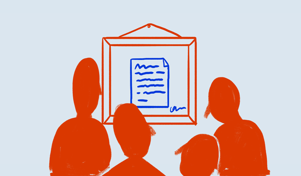 Illustration of people looking at an article in a frame