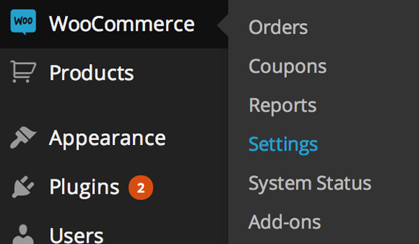 WooCommerce Settings menu