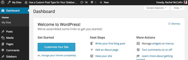 Image: /uploads/posts/1364/assets/users/227/posts/23830/image/sidebar-cpt-in-admin.png WordPress dashboard with Sidebars included in menu