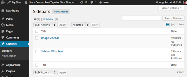 Image: /uploads/posts/1364/assets/users/227/posts/23830/image/sidebars-added-in-admin.png WordPress admin page with two sidebar items shown