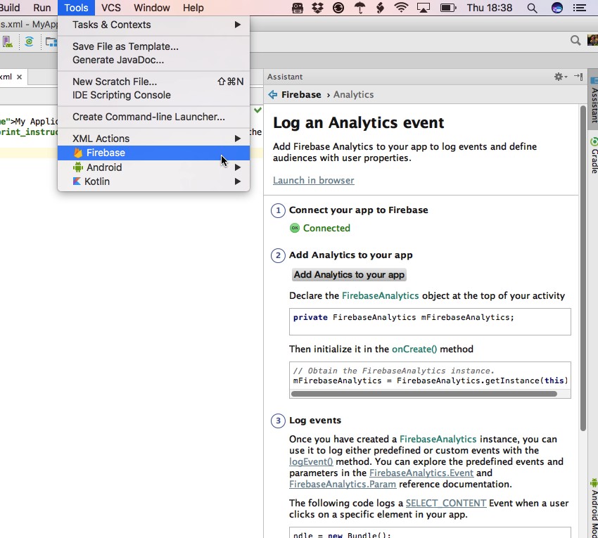 Launch the Firebase Assistant by selecting Tools from the Android Studio toolbar followed by Firebase
