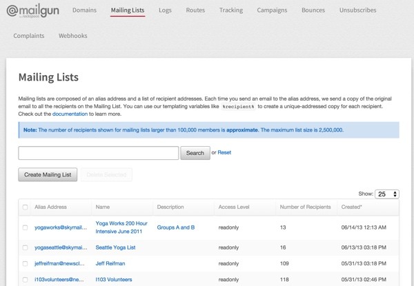 An example of Mailguns web-based user interface