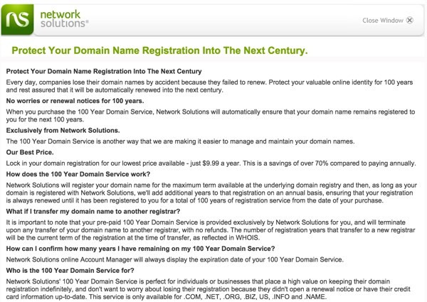100 year Domain Renewals from network solutions
