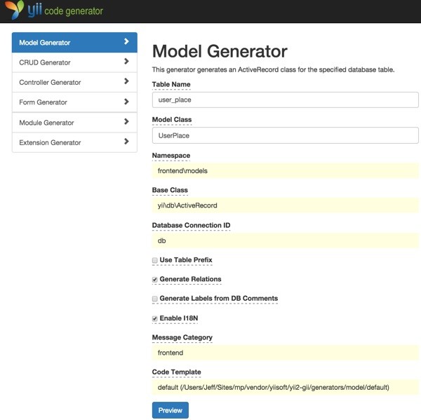 Meeting Planner Yii2 Gii Model Generator User Place