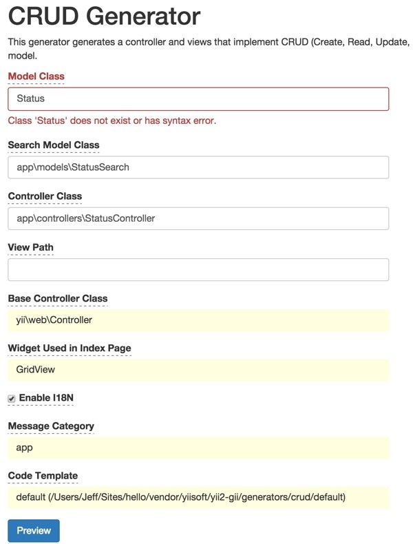 Yii2 Gii Code Generator for Status CRUD With I18n