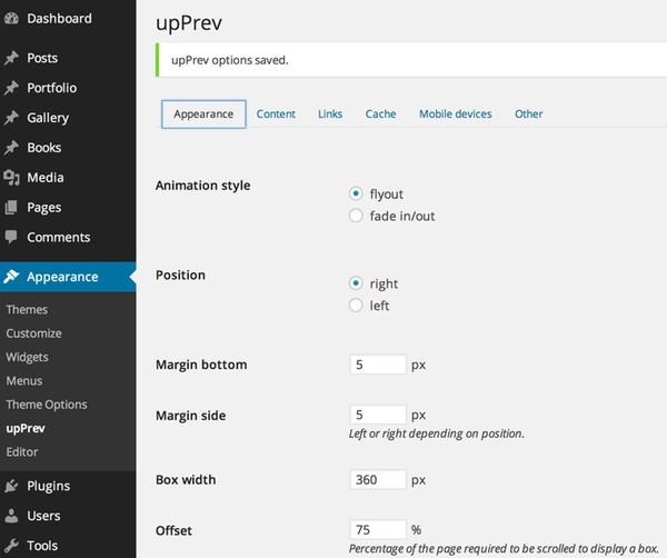 UpPrev Plugin Appearance Settings