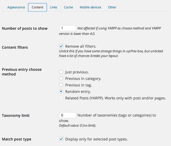 UpPrev Plugin Content Settings