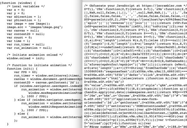 JScrambler Obfuscated JavaScript Before Left and After Right