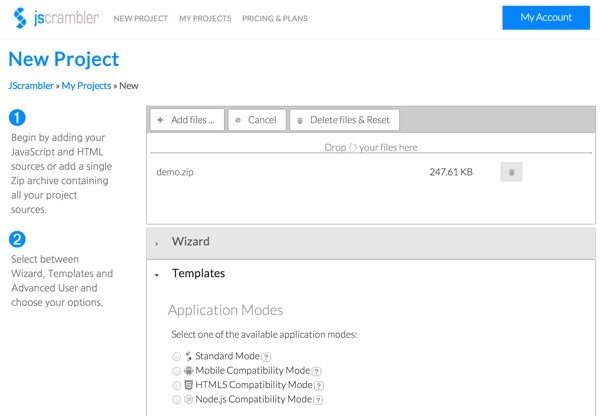 JScrambler New project menu