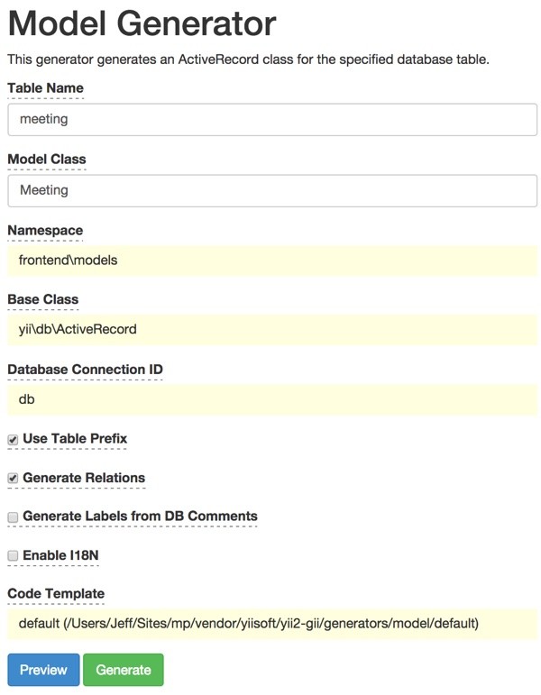 Meeting Planner Yii2 Gii Model Generator Meetings
