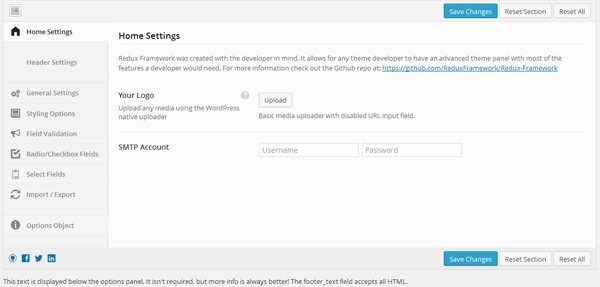 Redux Options Panel showing the Home Settings Tab