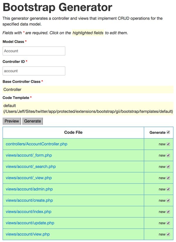 Using the Gii Bootstrap Generator for Web Scaffolding