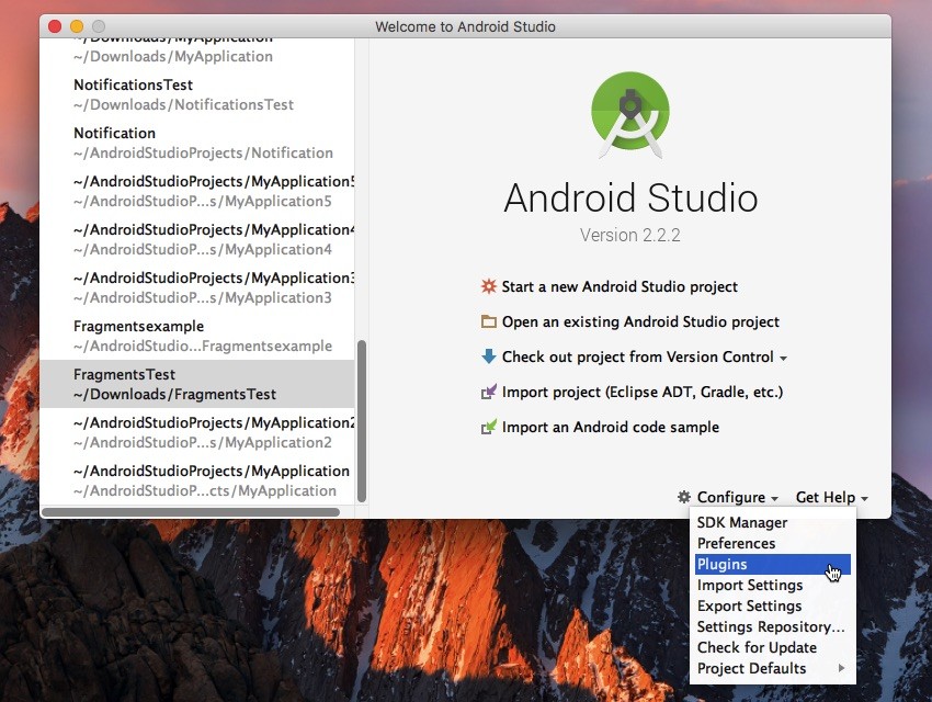 Open Android Studios Configure Plugins menu