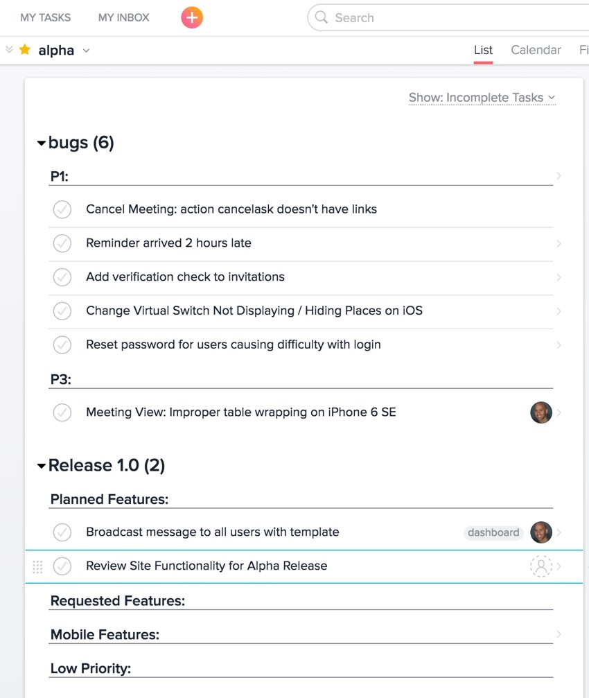 Meeting Planner Asana - The current Asana view of the Alpha Release