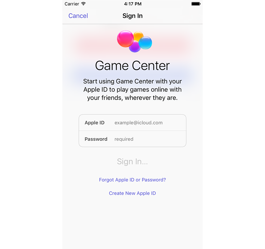 Game Center Sing In screen