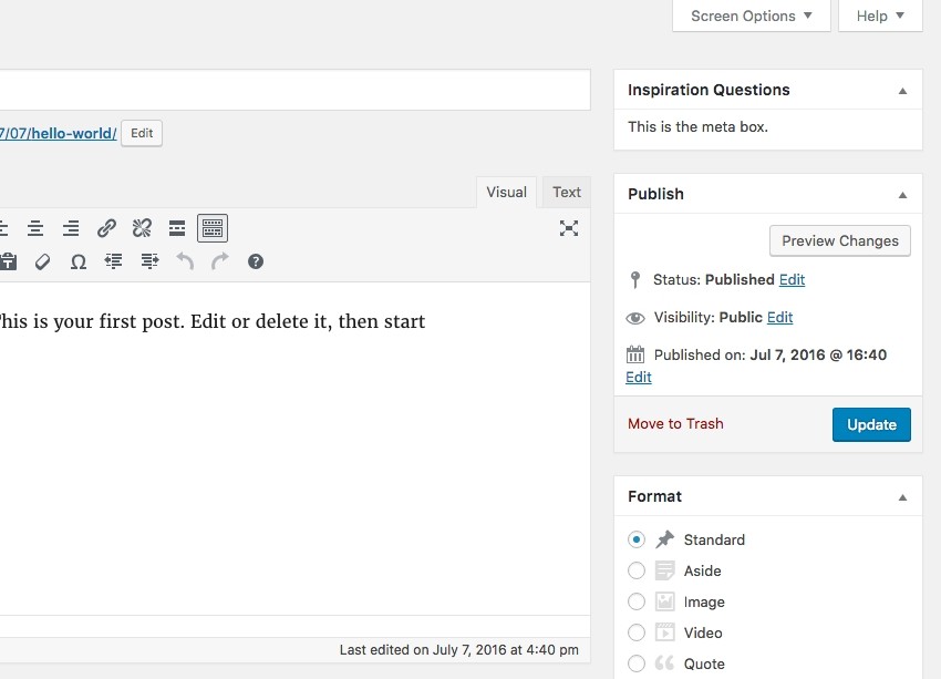 Our Meta Box appearing on the New Post Edit Post page