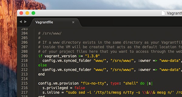 Vagrantfile source code defining the www folder map to the Virtual Machine