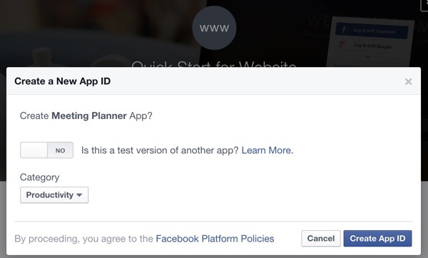 Building Your Startup OAuth - Facebook Dev Console Create an App Dialogs