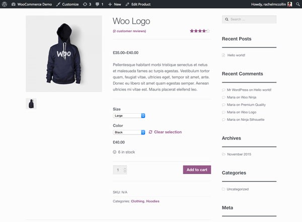 product with combined color and size variations