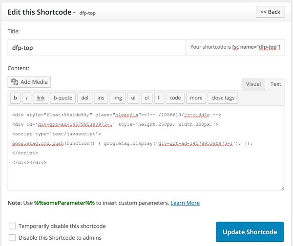 Image: https://cms-assets.tutsplus.com/uploads/users/317/posts/26113/image/shortcode params.jpg Optimizing DFP Revenue - Editing the Shortcode with DFP Ad Script