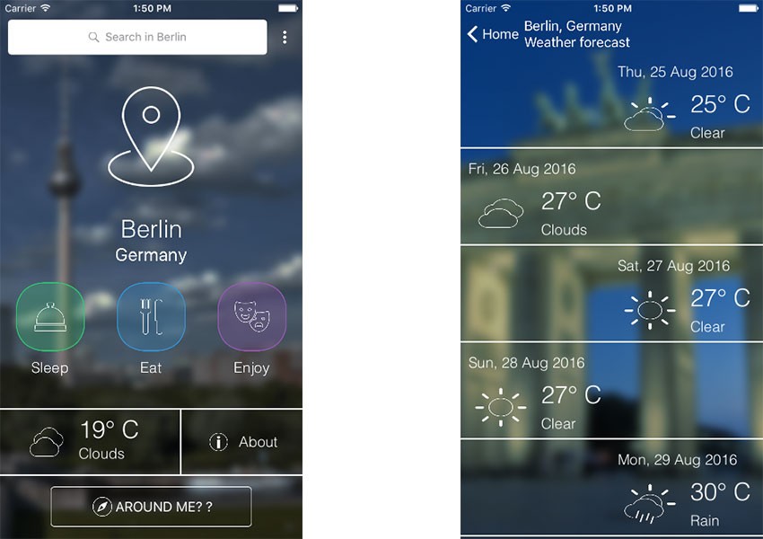 iOS City Guide app template screenshots