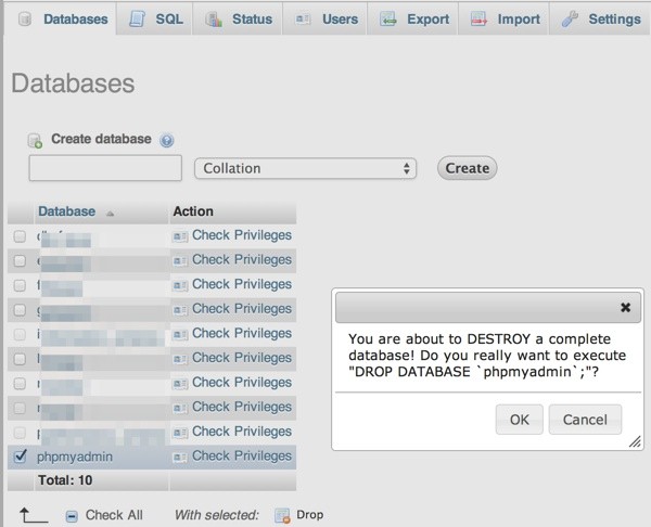 Drop database with PHPMyAdmin