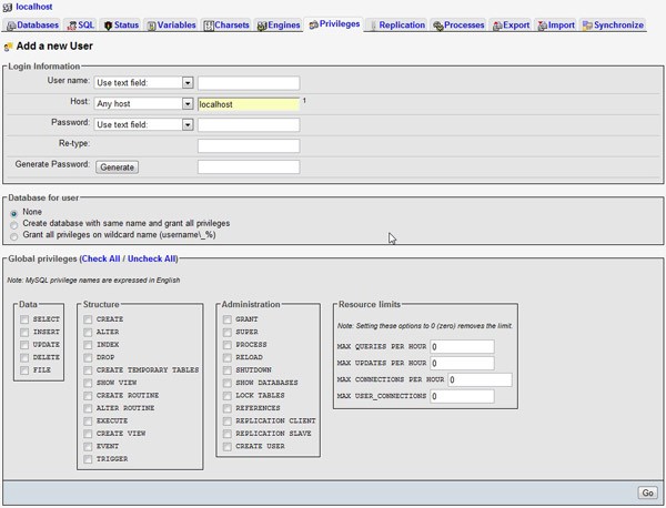 phpmyAdmin New User