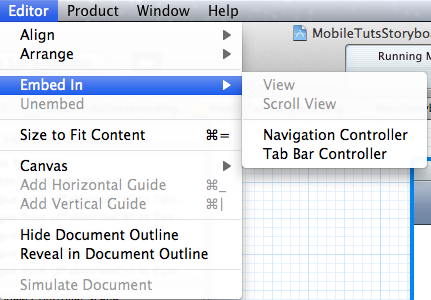 Menu to Embed View Controller In Navigation Controller and Tab Bar Controller Menu to Embed View Controller In Navigation Controller and Tab Bar Controller