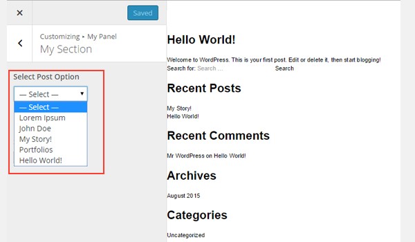 Adding the select-post option to the Customizer