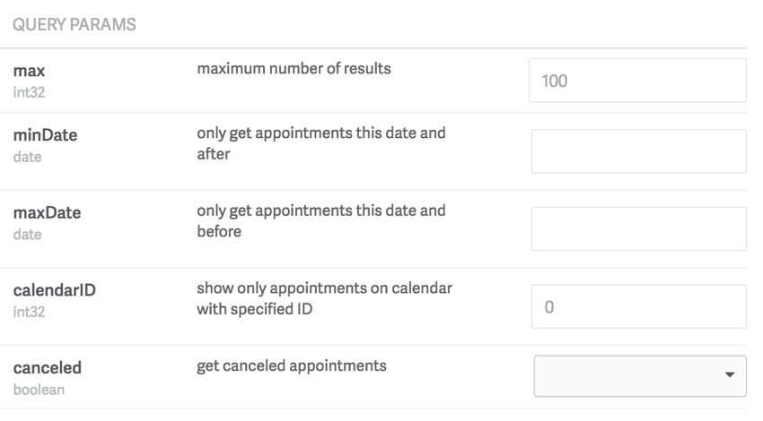 Acuity Scheduling Developer API - Query params for appointments
